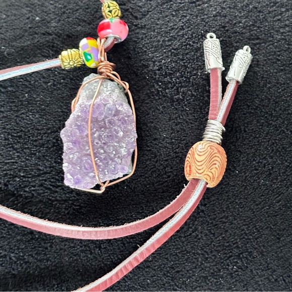 Amethyst Crystalline Wire Wrapped Stone Pendant Necklace Handmade Leather Cord - Picture 6 of 15